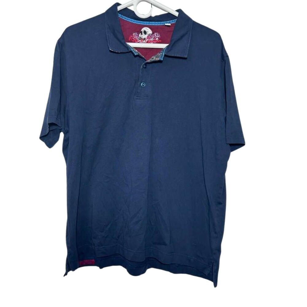 Robert Graham Polo Shirt Men's XL Blue Short Sleeves Skull Roses
